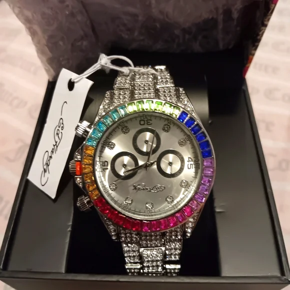 ED HARDY ガラス時計 Ed Hardy Men's Shiny Gold Tone Metal Strap Watch 46mm